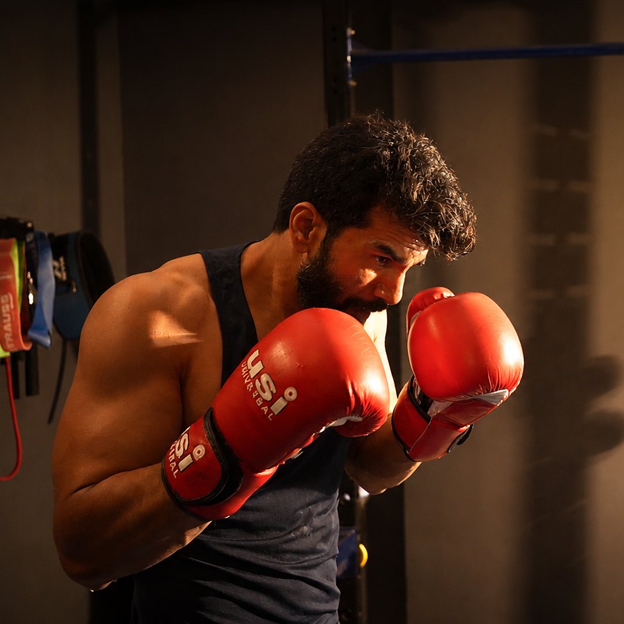 Gloves up in the boxing gym