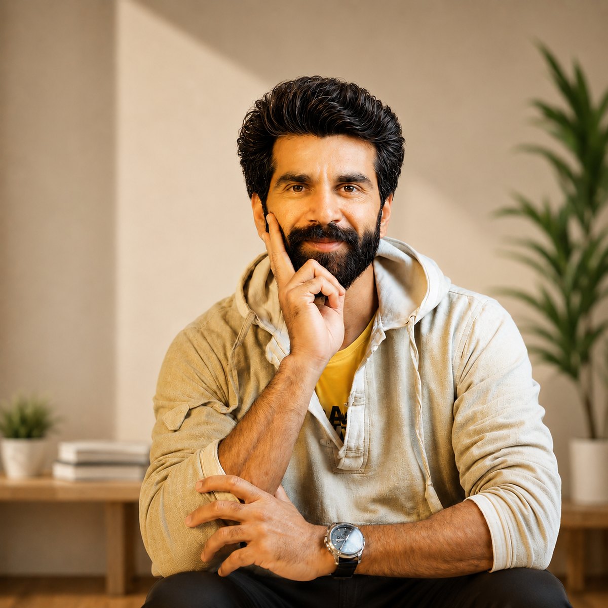 Nived Mishra, hand to his chin, listening