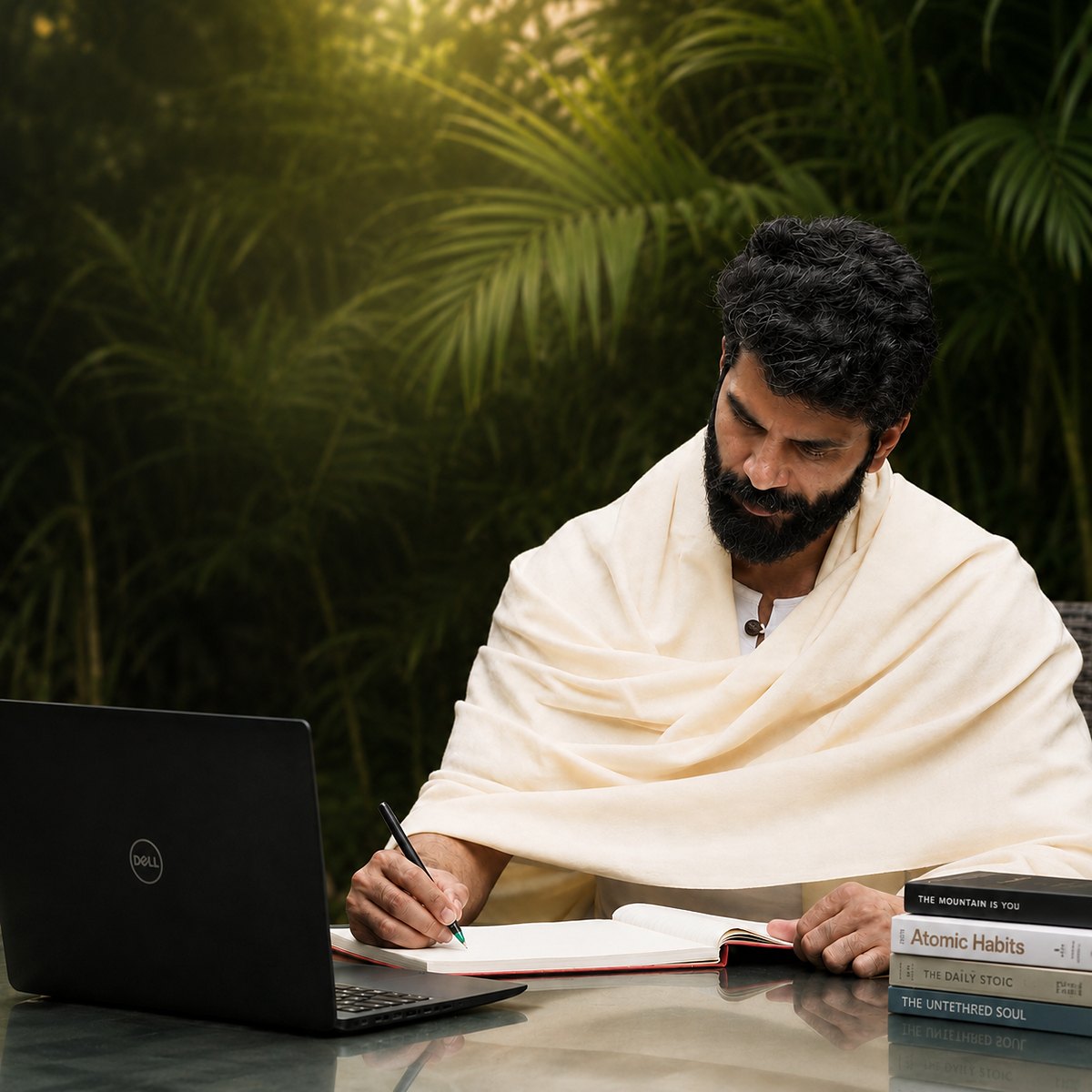Nived Mishra writing in a notebook, laptop and books beside him