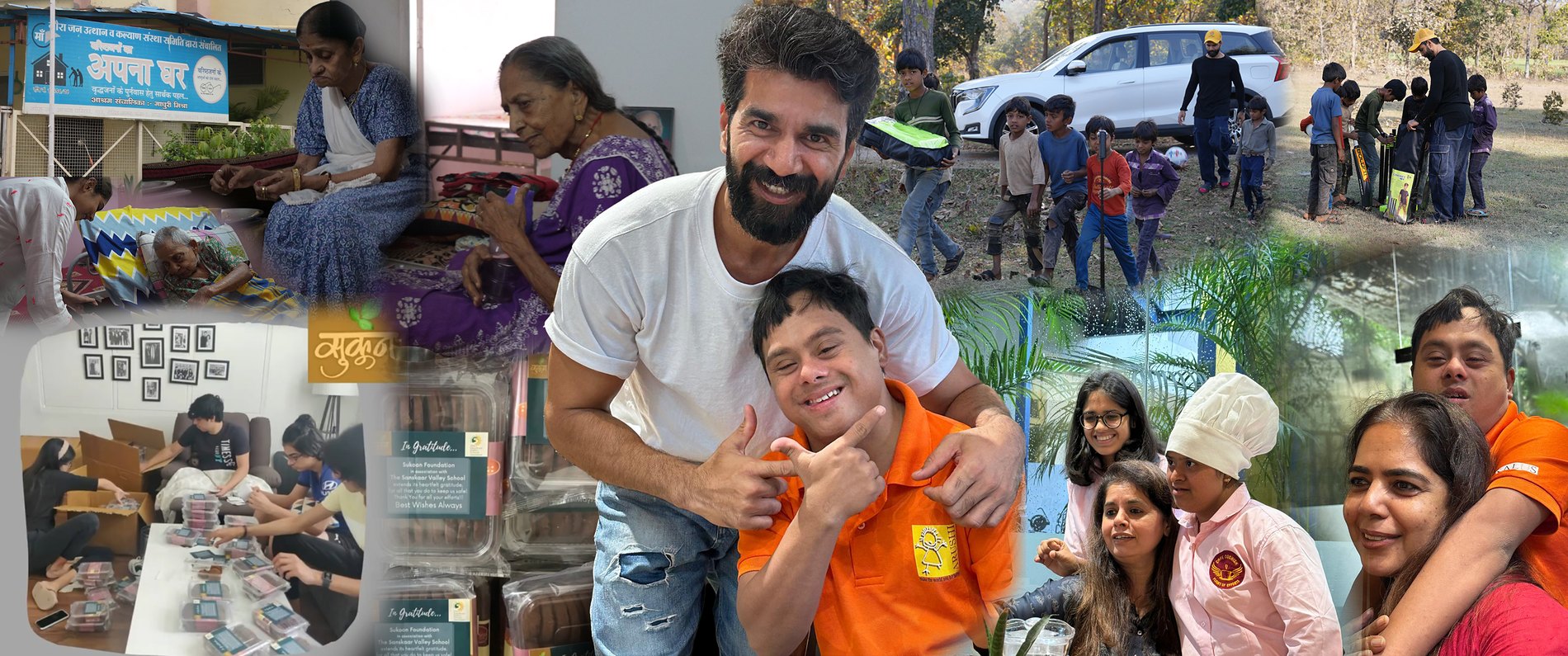 Moments from the work: old age homes, sports equipment in the villages, gratitude boxes being packed, and time spent with the children